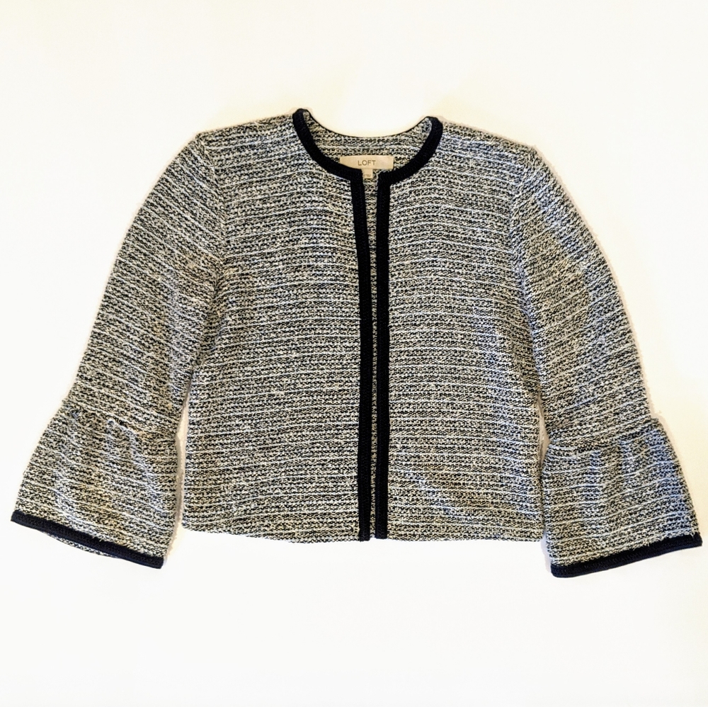 LOFT | blue tweed bell-sleeve open jacket